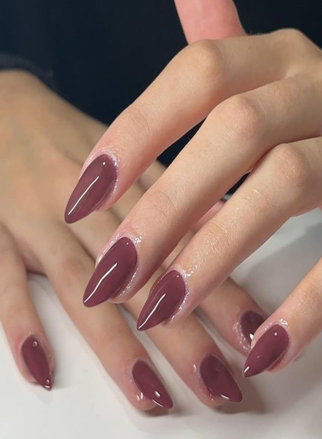 XCREANDO Plum Press on Nails Almond Shaped Nails Press ons, Medium Fake Nails Almond Acrylic Nails Glue on Nail Medium Length False Nail for Women Thick Natural Gel Stiletto 24Pcs - Image 2